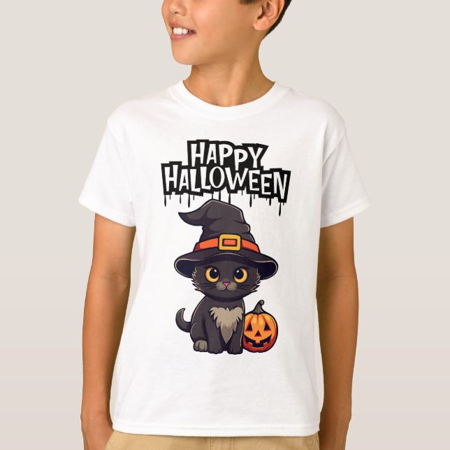 T-shirt Chat noir très effrayant avec Citrouille Jack-o'-l (Devant)
