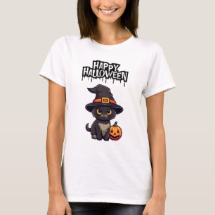 T-shirt Chat noir très effrayant avec Citrouille Jack-o'-l