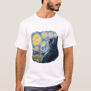 T-shirt Chat Nuit Étoilée Artistique de Style Van Gogh