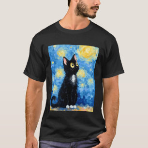 T-shirt Chat Nuit Étoilée Van Gogh Chat Drôle Chat Noir Ar