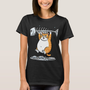 T-shirt Chat orange drôle tenant un squelette de poisson d