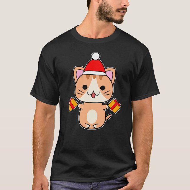 T-shirt Chat Père Noël Gingembre avec Cadeaux Jaunes T-shi (Devant)