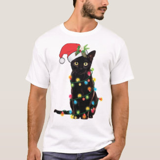 T-shirt Chat Père Noël Noir Tangé Dans Les Lumières Noël S