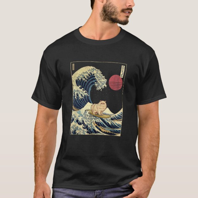 T-shirt Chat Perse Japonais Kanagawa Vave drôle Surf Anim (Devant)