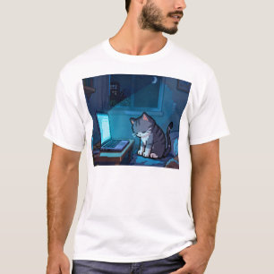 T-shirt Chat Pixel fatigué sur Ordinateur portable la Nuit