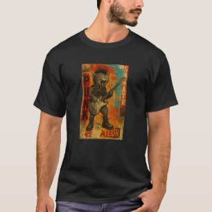 T-shirt Chat Punk avec Guitare Électrique Portant une Moha