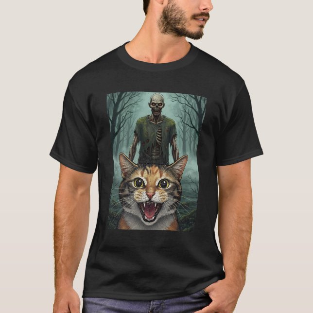 T-shirt Chat qui fait un selfie avec un zombie (Devant)