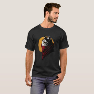 T-shirt Chat rebelle avec bandana rouge et design solaire 
