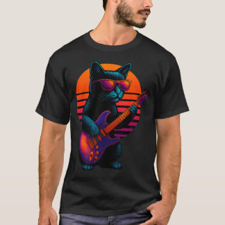 T-shirt Chat Rétro Avec Guitare Électrique Jouant Du Rock