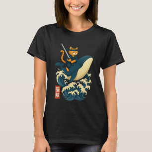 T-shirt Chat Rétro Ninja Chevauchant une Baleine Ukiyo-e S
