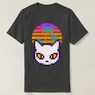 T-shirt Chat Rétro Pixel Palmiers Coucher de Soleil