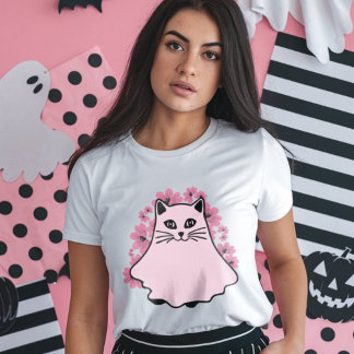T-shirt Chat rose avec Arrière - plan floral