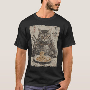 T-shirt Chat Samouraï Aime Ramen Dessin Animé Drôle Art Ja
