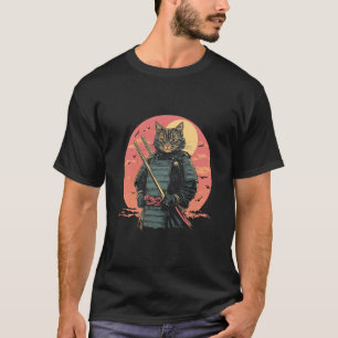 T-shirt Chat Samouraï Coucher de Soleil de Style Japonais