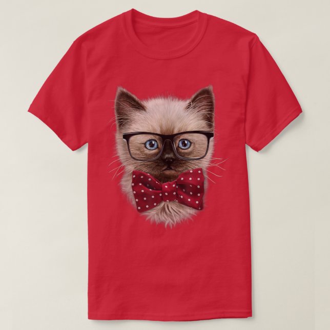 T-shirt Chat Siamois, Eyeglass Nerd, Cravate Bow (Design devant)
