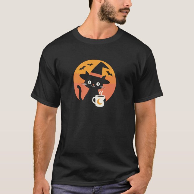 T-shirt Chat-sorcière Halloween tenant la Mug de lune avec (Devant)