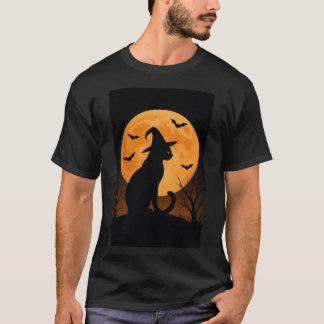 T-shirt Chat Sorcière Silhouette Avec Pleine lune Et Bats