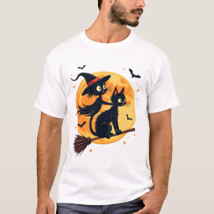 T-shirt Chat sorcière sur un balai � Vecteur de nuit d'Hal