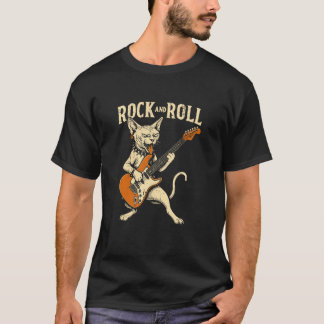 T-shirt Chat Sphynx Drôle Jouant de la Guitare Rock Félin