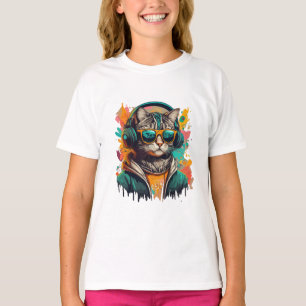 T-shirt Chat Super cool avec casque à écouter de la musiqu