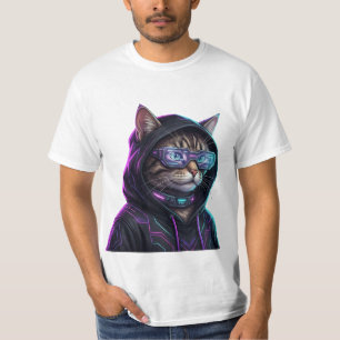 T-shirt Chat Tabby Cyberpunk Néo Néon Futuriste Joueur
