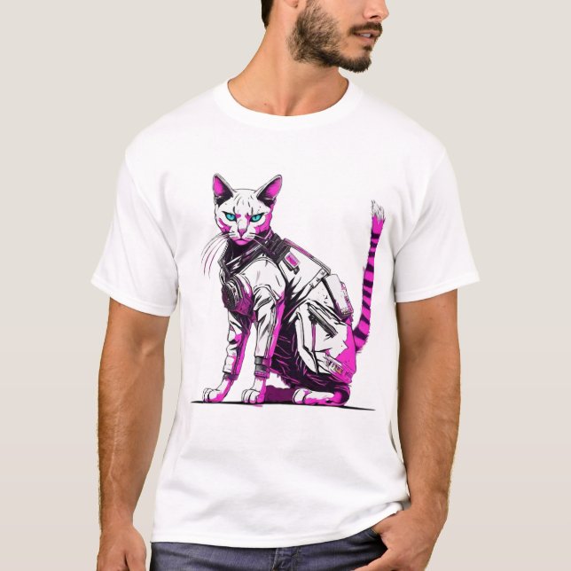 T-shirt Chat tactique Cyberpunk en équipement néon (Devant)