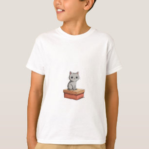 T-shirt Chat tigré gris assis sur une boîte rouge pour enf