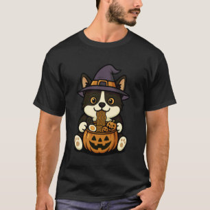 T-shirt Chat Tuxedo Fantôme Citrouille Nouilles Ramen Japo
