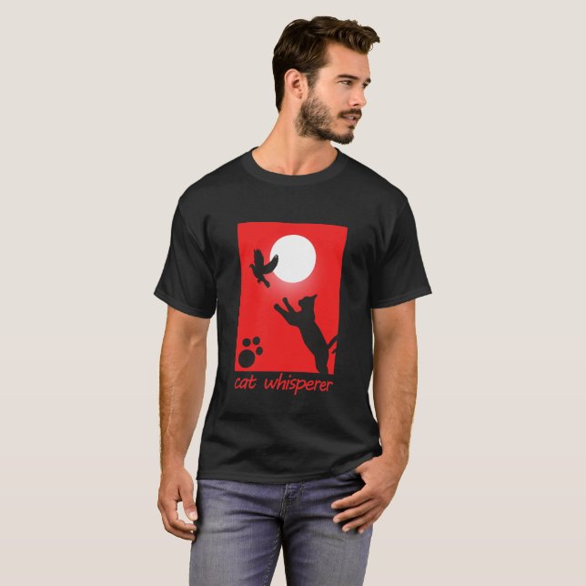 T-shirt Chat Whisperer Retro Rouge avec oiseau (Devant entier)