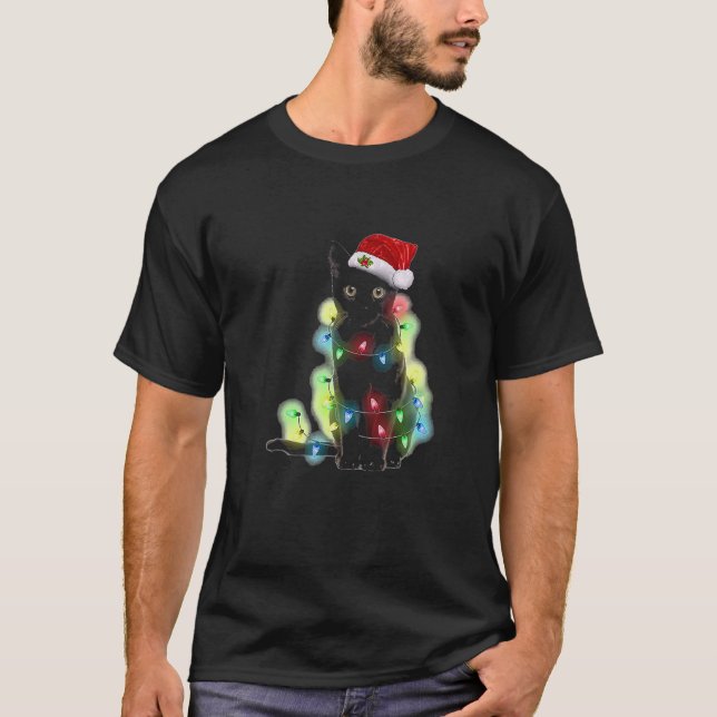 T-shirt Chat Xmas Coloré Lumières Led Jour de Noël (Devant)