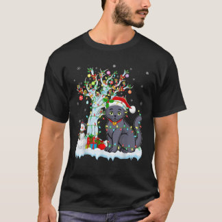 T-shirt Chat Xmas Éclairage Arbre Santa Chapeau Russe Blue