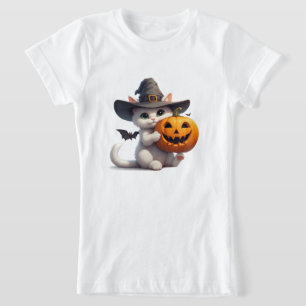 T-Shirt Chaton blanc d'Halloween Citrouille Jack O Lantern