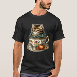 T-shirt Chaton d'automne dans un mug floral à col roulé tr