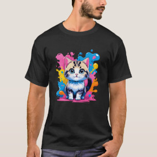 T-shirt Chaton Kawaii Adorable avec Éclaboussure de Peintu