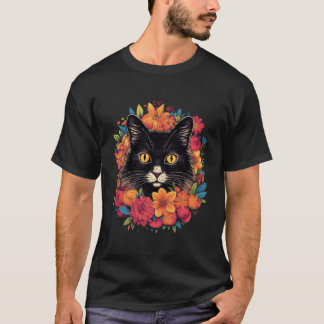 T-shirt Chaton noir entouré de fleurs dans le jardin de so