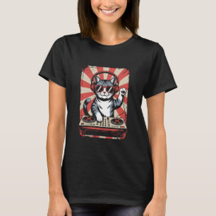 T-shirt Chaton Rouge Blanc DJ sur Platines EDM Synthétiseu