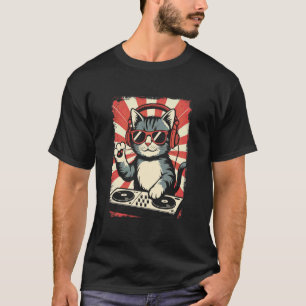 T-shirt Chaton Rouge Blanc DJ sur Platines EDM Synthétiseu