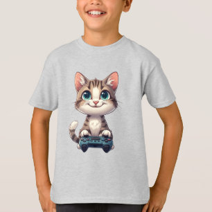 T-shirt Chaton tenant une manette de jeu souriant Chat jou