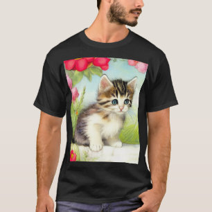 T-shirt Chaton vintage blanc et Brown avec fleurs