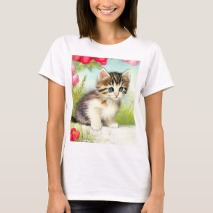 T-shirt Chaton vintage blanc et Brown avec fleurs