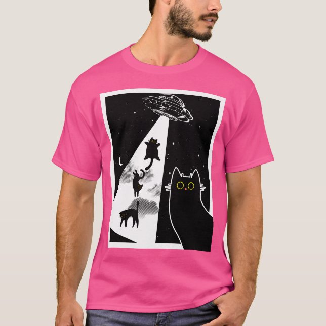 T-shirt Chats Amusants Avec Alien Sur Un Vaisseau Spatial. (Devant)