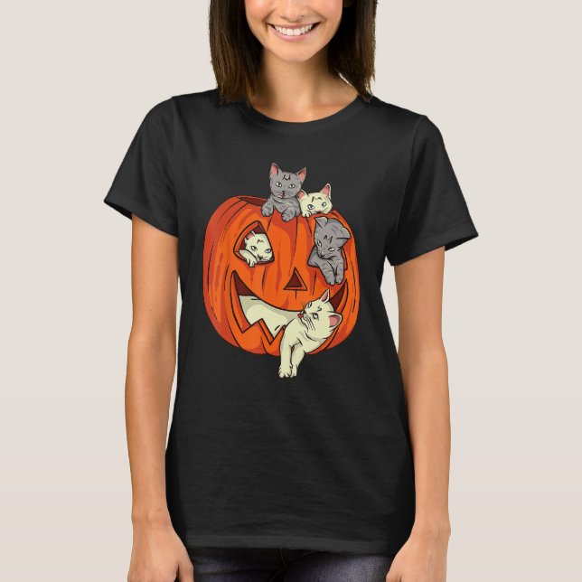 T-shirt Chats Citrouille sculpté Jack-o'-lantern Chat Hall (Devant)