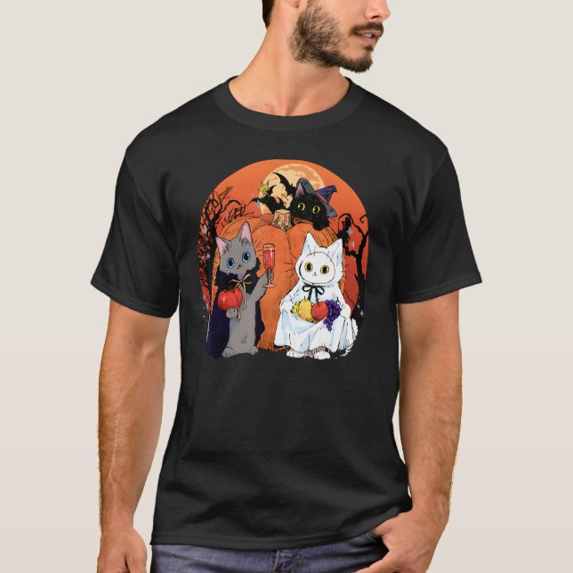 T-shirt Chats Citrouilles d'Halloween Boire du vin (Devant)