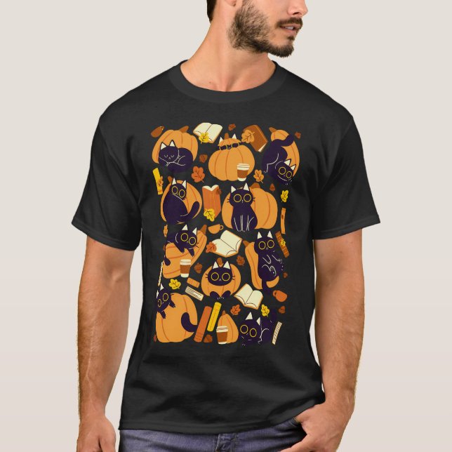 T-shirt Chats Citrouilles Et Livres (Devant)