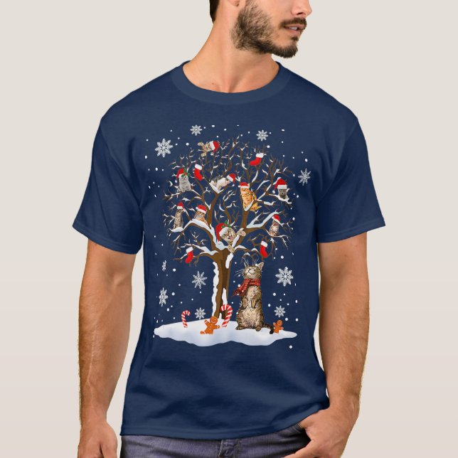 T-shirt Chats dans l'arbre à neige hiver Noël Père Noël (Devant)