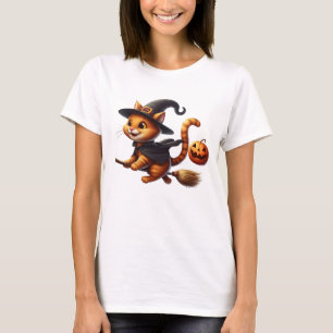 T-shirt Chats en sorcière d'Halloween à cheval Citrouille 
