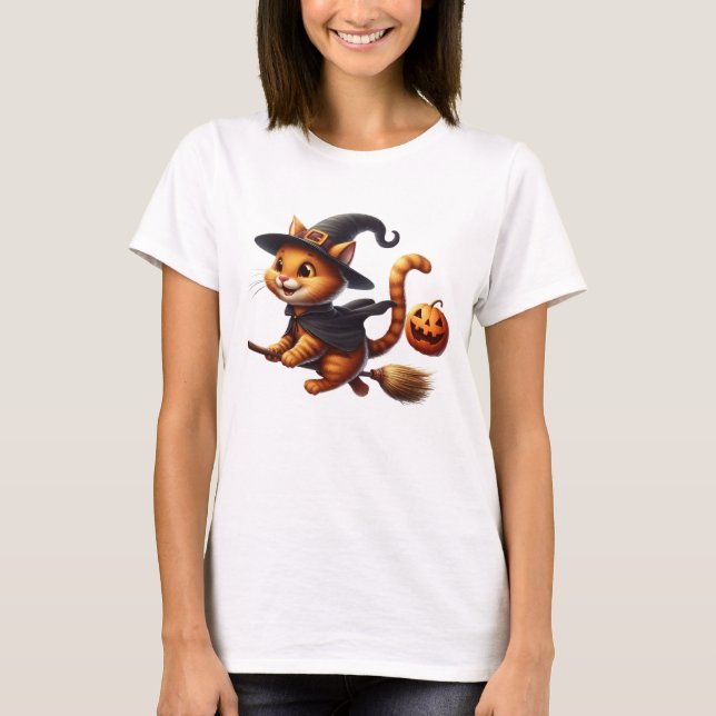 T-shirt Chats en sorcière d'Halloween à cheval Citrouille  (Devant)