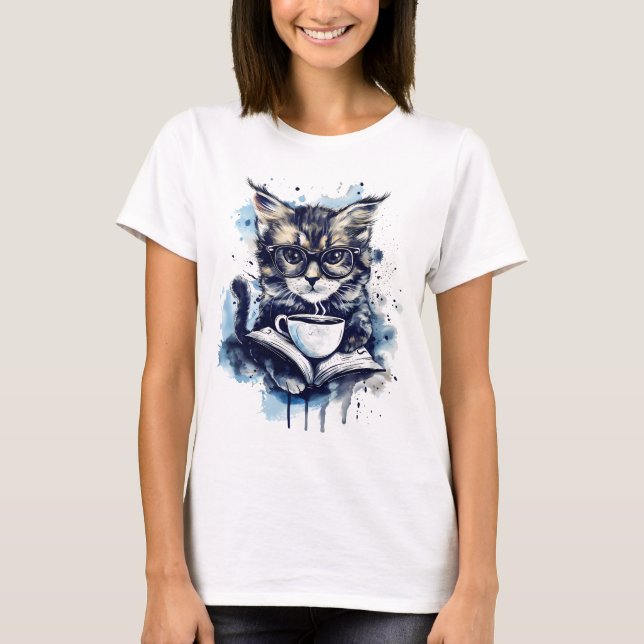 T-shirt Chats Livres Café Aquarelle Abstraite (Devant)