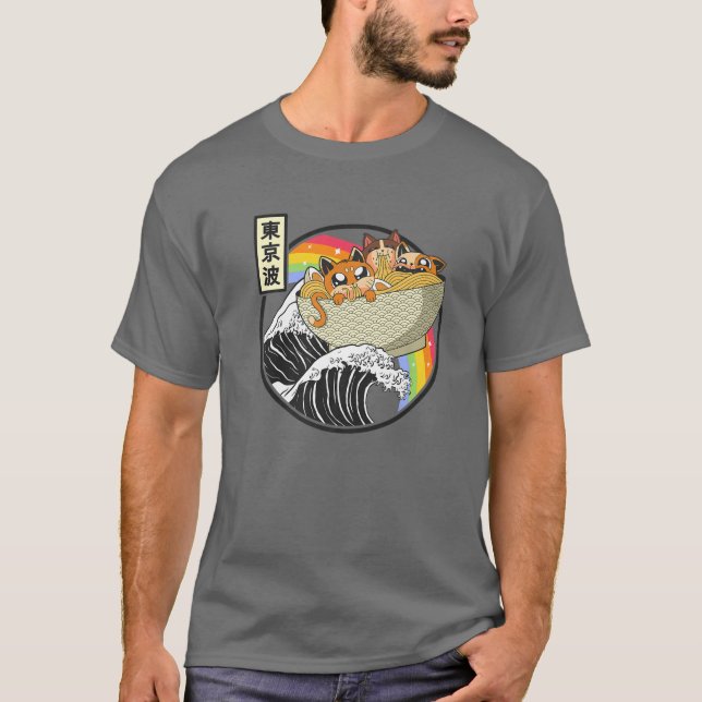T-shirt Chats mignons Manger Ramen Kanagawa Wave Kawaii An (Devant)