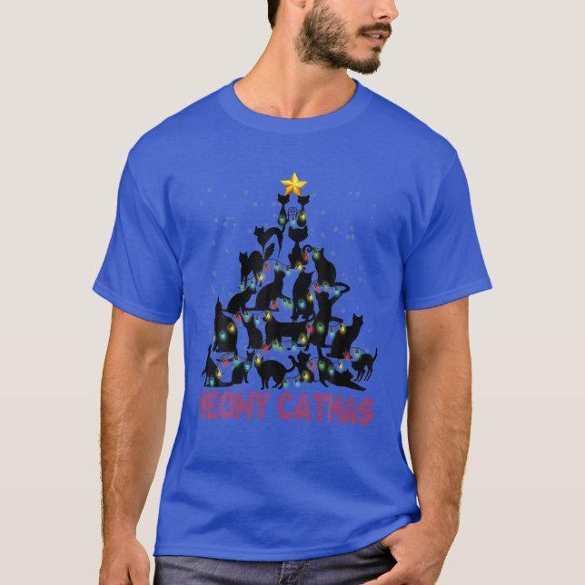 T-shirt Chats noirs Meowa Catmas Noël Arbre Lumières Orna (Devant)
